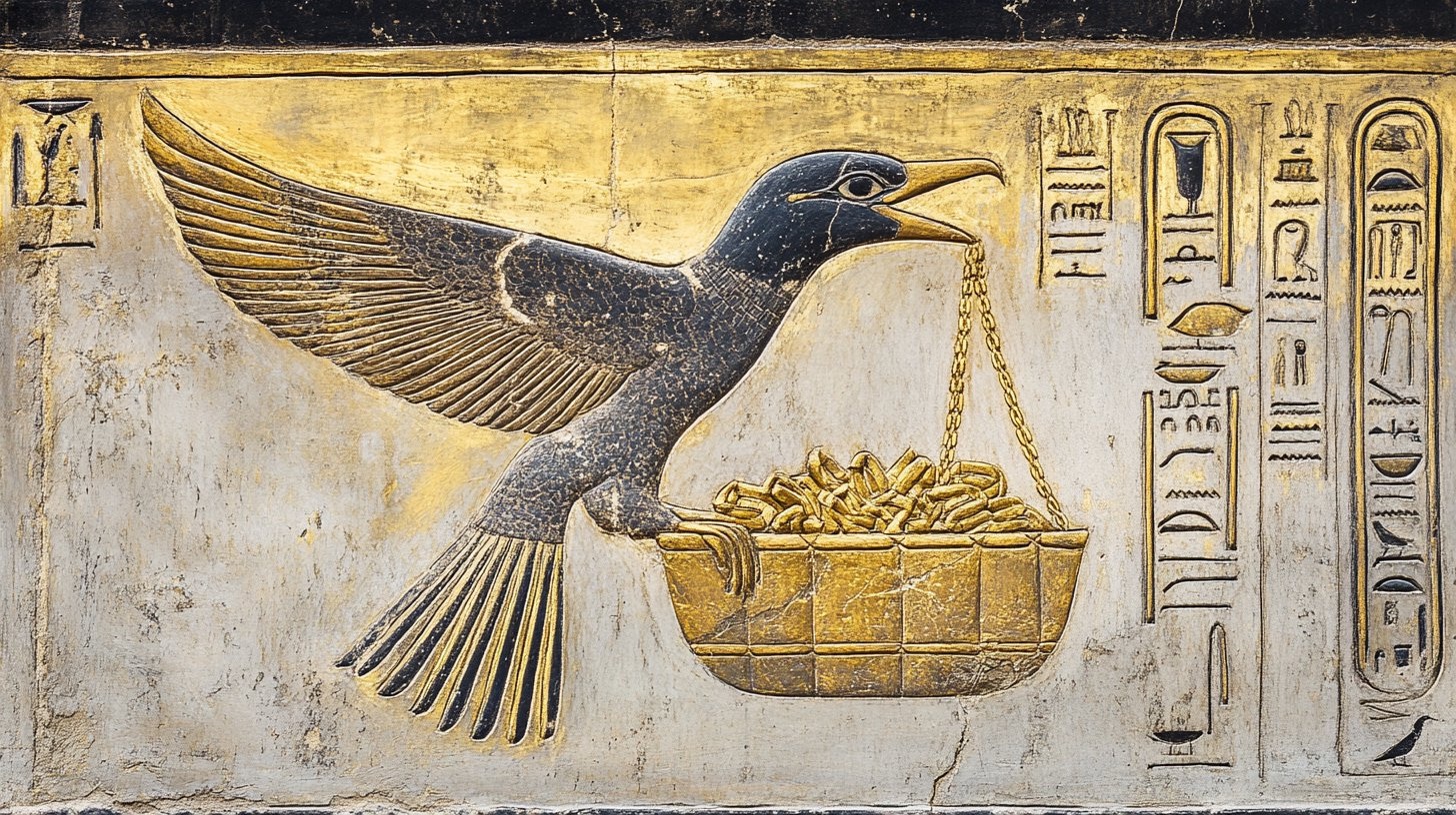 Bird carrying a basket of gold